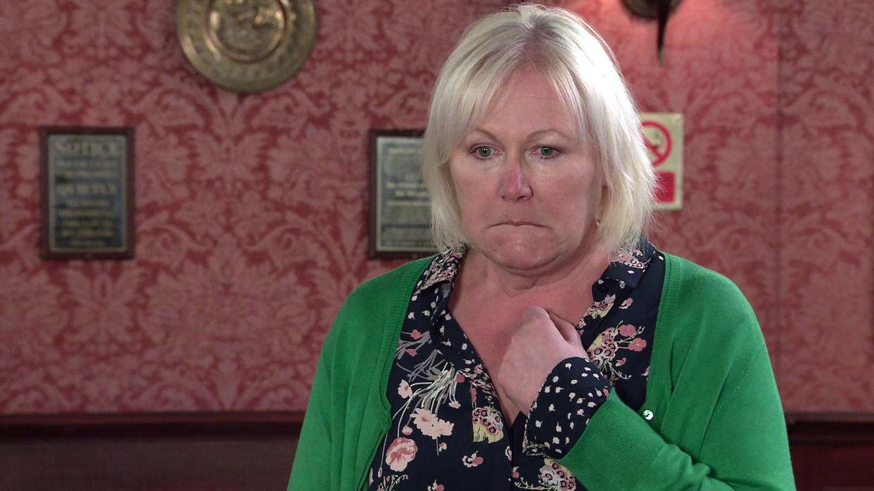 FROM ITV

STRICT EMBARGO - No Use Before Tuesday 6th July 2021

Coronation Street - Ep 10375

Monday 12th July 2021 - 2nd Ep

George Shuttleworth [TONY MUADSLEY] topples backwards, breaking his wrist and Eileen GrimshawÕs [SUE CLEAVER] left mortified. 

Picture contact David.crook@itv.com 

This photograph is (C) ITV Plc and can only be reproduced for editorial purposes directly in connection with the programme or event mentioned above, or ITV plc. Once made available by ITV plc Picture Desk, this photograph can be reproduced once only up until the transmission [TX] date and no reproduction fee will be charged. Any subsequent usage may incur a fee. This photograph must not be manipulated [excluding basic cropping] in a manner which alters the visual appearance of the person photographed deemed detrimental or inappropriate by ITV plc Picture Desk. This photograph must not be syndicated to any other company, publication or website, or permanently archived, without the express written permission of ITV Picture Desk. Full Terms and conditions are available on  www.itv.com/presscentre/itvpictures/terms