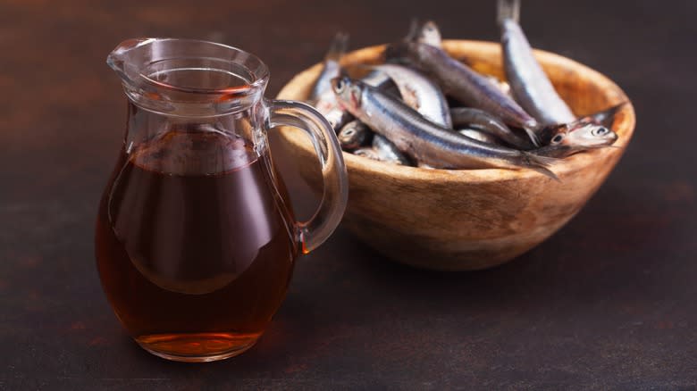 Fish sauce next to anchovies