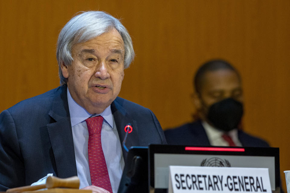 U.N. Secretary-General Antonio Guterres, addresses his statement, during the High-Level Ministerial Event on the Humanitarian Situation in Afghanistan, at the European headquarters of the United Nation, in Geneva, Switzerland, Monday, Sept. 13, 2021. (Salvatore Di Nolfi/Keystone via AP)