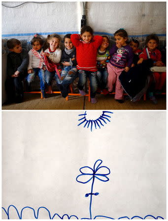 A combination picture shows Syrian refugee Ele Cundi, 5, who poses as she sits with her friends in a kindergarten at Midyat refugee camp in Mardin province, Turkey, December 14, 2015 (top) and her drawing (bottom) January 12, 2016. REUTERS/Umit Bektas