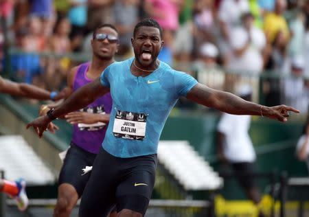 Jun 28, 2015; Eugene, OR, USA; Justin Gatlin celebrates after winning the 200m in a meet record 19.57 in the 2015 USA Championships at Hayward Field. Mandatory Credit: Kirby Lee-USA TODAY Sports