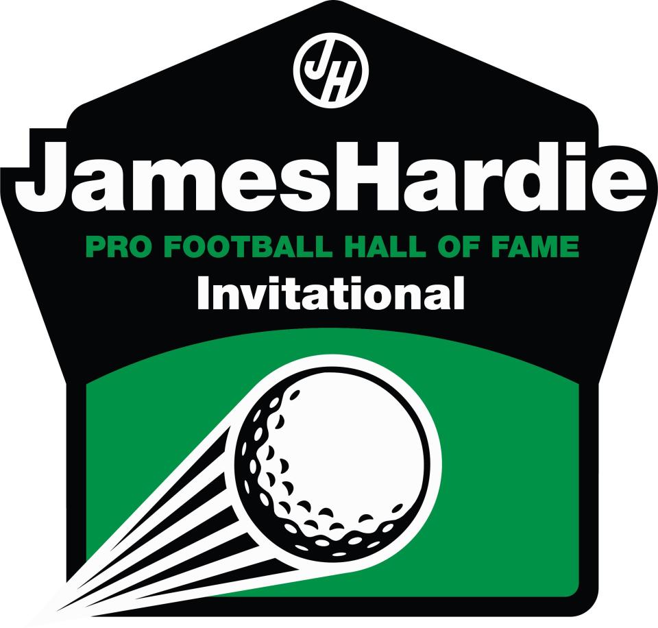 A logo for the James Hardie Pro Football Hall of Fame Invitational. The new PGA Tour Champions event will feature legends of golf and football and debut March 31-April 6, 2025, at The Old Course at Broken Sound Club in Boca Raton, Florida.