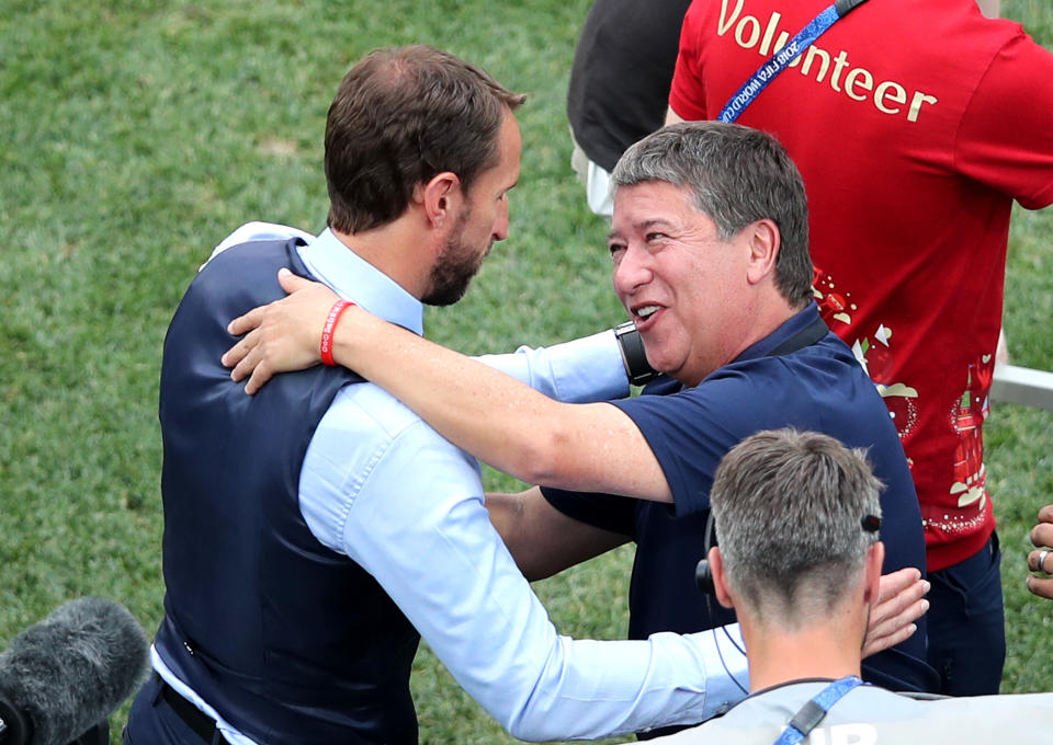 The two managers share a few words during England’s win over Panama.