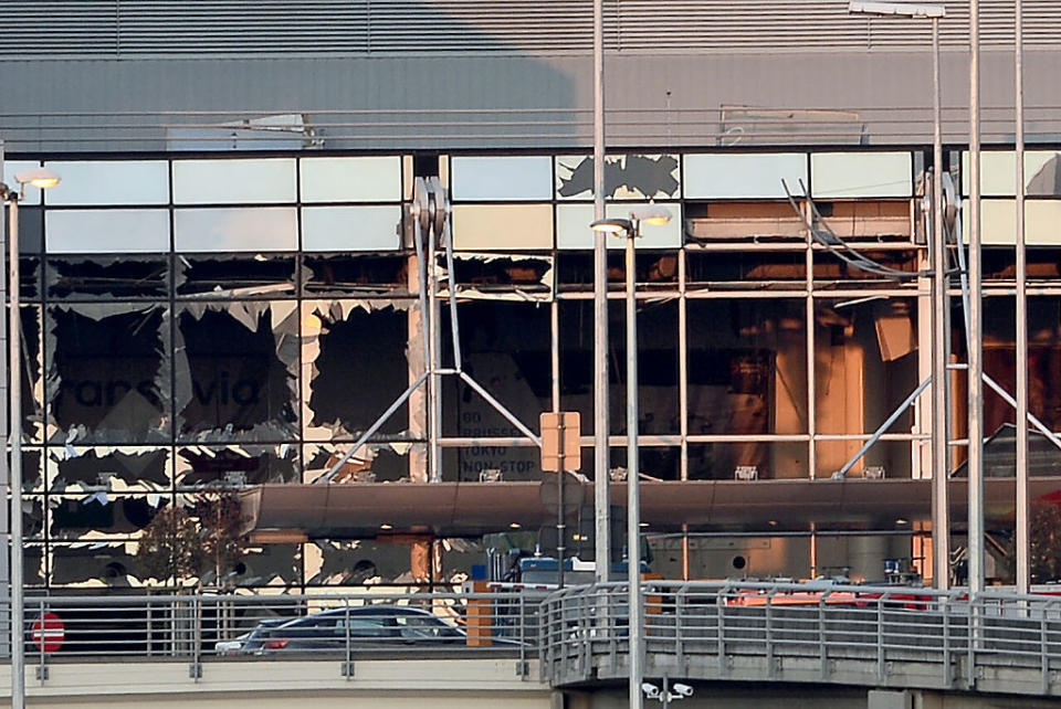 An airport with broken windows