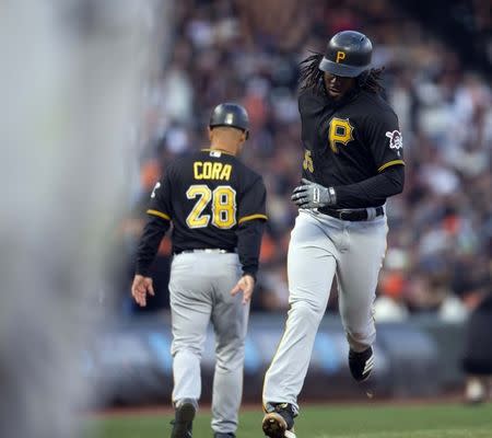 Aug 11, 2018; San Francisco, CA, USA; Pittsburgh Pirates Josh Bell, right, runs out his three-run home run against the San Francisco Giants in the fourth inning of a Major League Baseball game at AT&T Park. Mandatory Credit: D. Ross Cameron-USA TODAY Sports