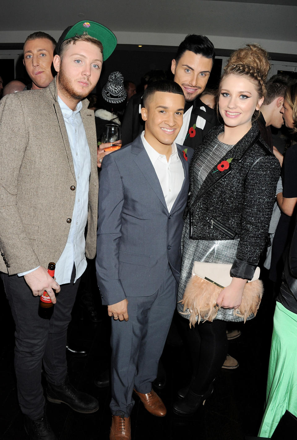 LONDON, ENGLAND - NOVEMBER 08:  (EMBARGOED FOR PUBLICATION IN UK TABLOID NEWSPAPERS UNTIL 48 HOURS AFTER CREATE DATE AND TIME. MANDATORY CREDIT PHOTO BY DAVE M. BENETT/GETTY IMAGES REQUIRED)  (L to R) X Factor finalists James Arthur, Jahmene Douglas, Rylan Clark and Ella Henderson attend the Kardashian Kollection launch for Dorothy Perkins at Aqua on November 8, 2012 in London, England.  (Photo by Dave M. Benett/Getty Images)