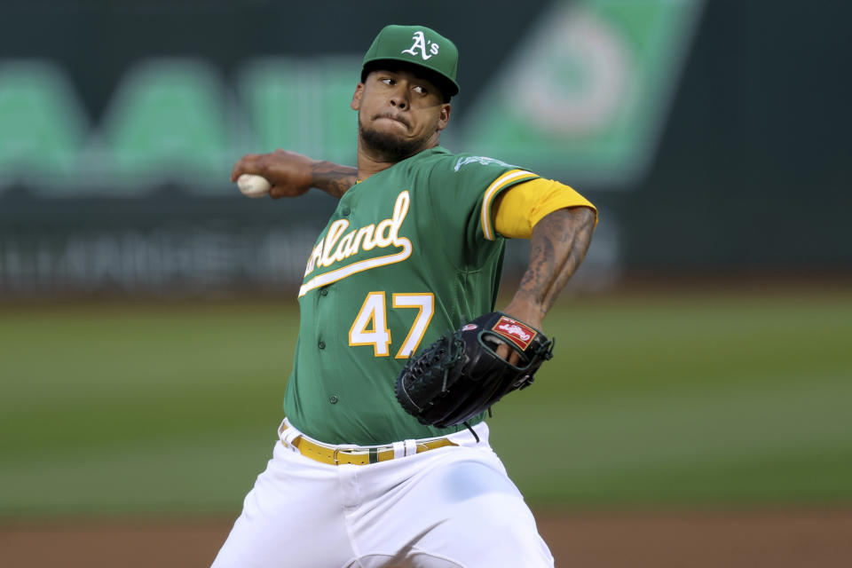 Oakland Athletics starting pitcher Frankie Montas throws against the Cleveland Guardians during the third inning of a baseball game in Oakland, Calif., Friday, April 29, 2022. (AP Photo/Jed Jacobsohn)