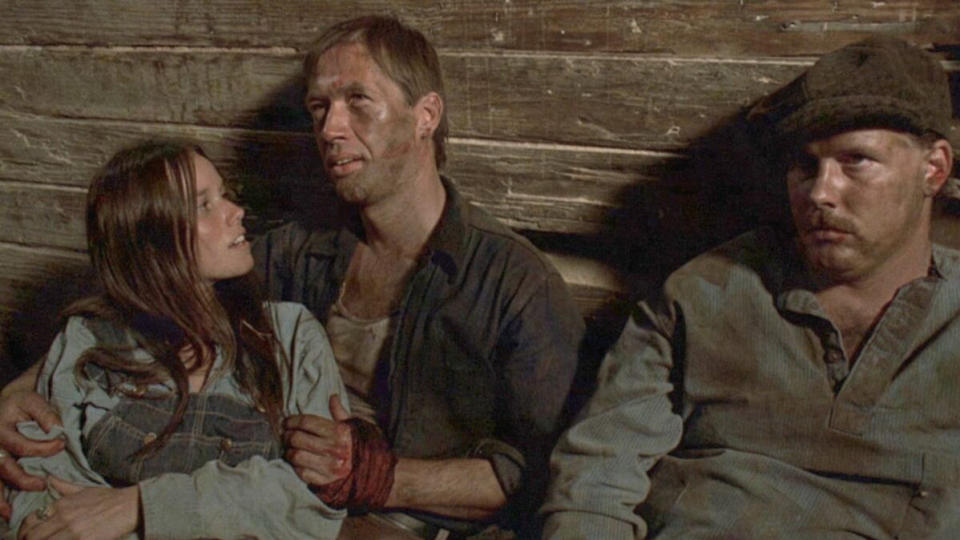 Barbara Hershey and David Carradine on a train in Boxcar Bertha.