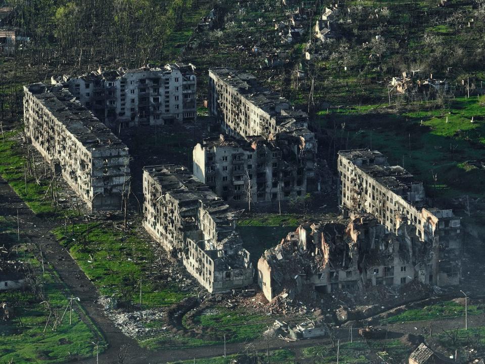 An aerial view of Bakhmut, Ukraine, shows damaged buildings