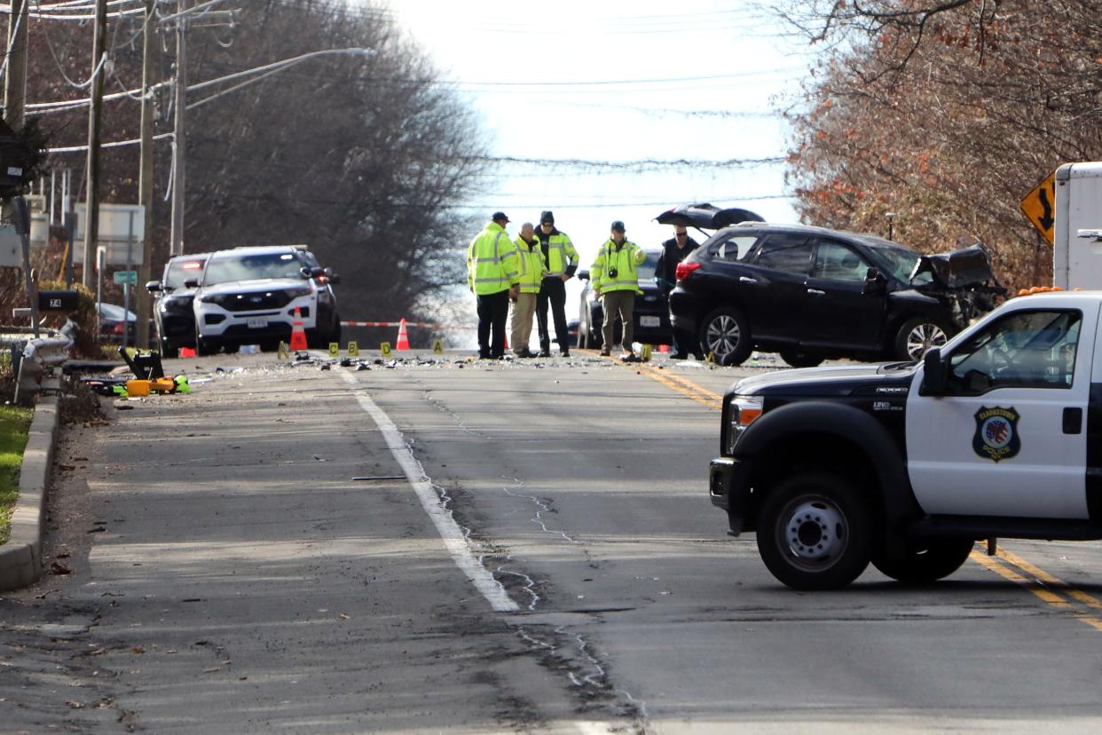 Police investigate the scene of a car and truck crash on Route 303 in Valley Cottage Dec. 19, 2023.