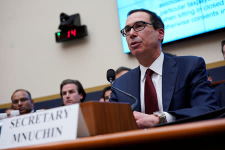 U.S. Treasury Secretary Steven Mnuchin testifies before a House Financial Services Committee hearing on the "State of the International Financial System" on Capitol Hill in Washington, U.S., April 9, 2019. REUTERS/Aaron P. Bernstein