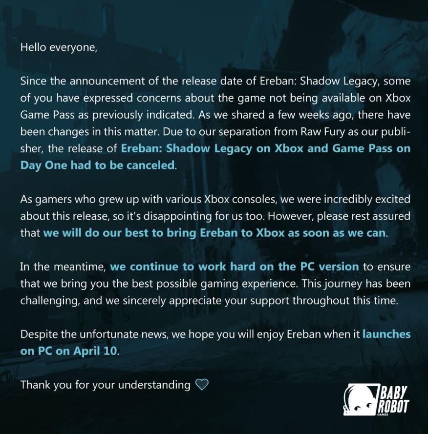 Baby Robot Games reafirma que Ereban: Shadow Legacy no llegará al servicio