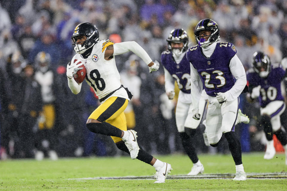 BALTIMORE, MARYLAND – JANUARY 06: Diontae Johnson #18 of the Pittsburgh Steelers runs up the field in the fourth quarter of a game against the Baltimore Ravens at M&T Bank Stadium on January 06, 2024 in Baltimore, Maryland. (Photo by Patrick Smith/Getty Images)