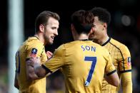 <p>Kane celebrates with Son and Alli </p>