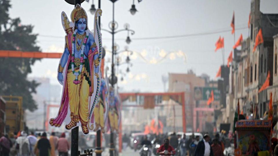 A cut-out of Hindu deity Ram is installed on light poles in Ayodhya on January 21, 2024, on the eve of consecration ceremony of a Ram temple 