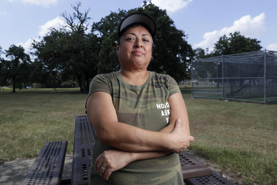 Rita Robles, a neighborhood justice advocate, poses for a photo on Wednesday, July 28, 2023, at the Denver Harbor Park in her neighborhood in Houston. (AP Photo/Michael Wyke)