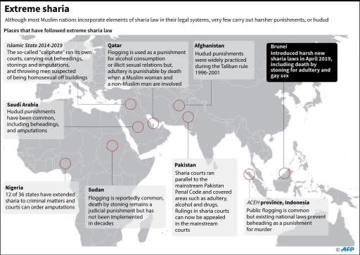 Map of the countries around the world that practice extreme sharia law, after new laws went into effect in Brunei