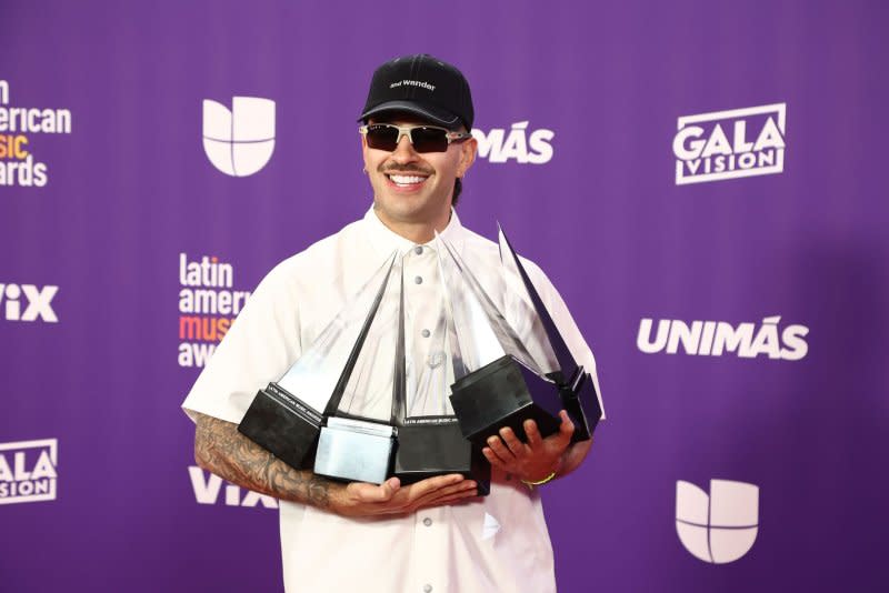 Feid, winner of the "Collaboration of the Year," "Collaboration Crossover of the Year, "Streaming Artist of the Year," "Best Collaboration – Urban," and "Best Song – Urban" awards, poses in the press room during the 2024 Latin American Music Awards at the Grand Garden Arena at MGM Resort and Casino in Las Vegas on Thursday. Photo by James Atoa/UPI