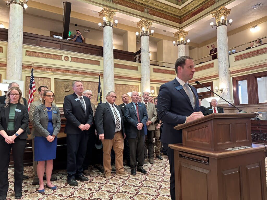 Montana State Sen. Ken Bogner, R-Miles City, speaks at a news conference on May 1, 2023, urging support of Senate Bill 442. (Photo by Blair Miller, Daily Montanan)