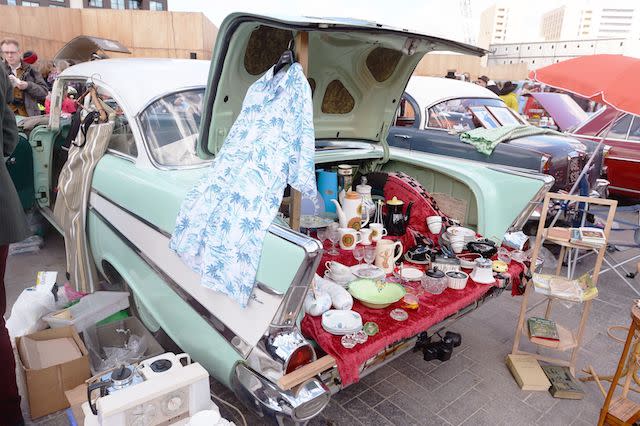 A classic Chevrolet Capitol car with items for sale at the Classic Car Boot Sale in King's Cross, north London.