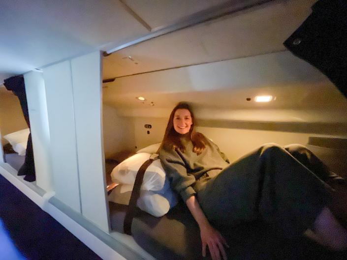 The author in the secret bedroom area for flight attendants.