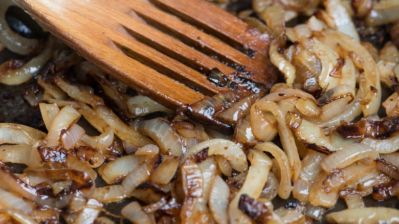 Onions caramelizing in skillet
