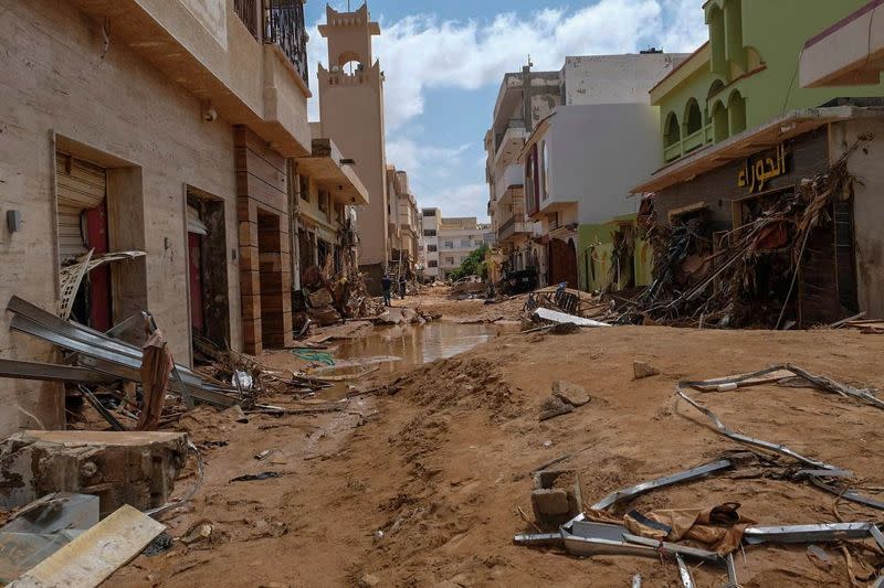 A view shows a damaged road, after a powerful storm and heavy rainfall hit Libya, in Derna