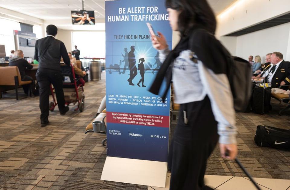 A human trafficking awareness sign in the airport in Minneapolis, MN, April 26, 2018. | Lynsey Addario for TIME