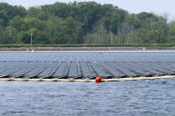 Solar panels from a project at a water treatment plant are shown Tuesday, June 6, 2023, in Millburn, N.J., that provides enough electricity to power 95% of the treatment facilities electrical needs. (AP Photo/Wayne Parry)