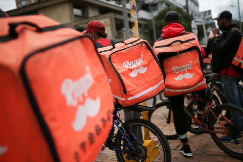 Delivery workers for Rappi and other delivery apps protest as part of a strike to demand better wages and working conditions, amid the coronavirus disease (COVID-19) outbreak, in Bogota