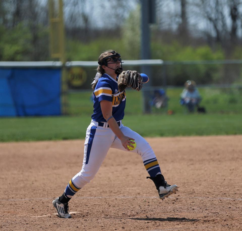 Lincoln senior Maddie Bogue winds up for a pitch during a Wayne County Tournament game April 23, 2022.