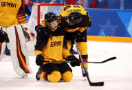 <p>Silver medal winners Dominik Kahun #72 and Frank Mauer #28 of Germany react after being defeated by Olympic Athletes from Russia 4-3 in overtime during the Men’s Gold Medal Game on day sixteen of the PyeongChang 2018 Winter Olympic Games at Gangneung Hockey Centre on February 25, 2018 in Gangneung, South Korea. (Photo by Bruce Bennett/Getty Images) </p>