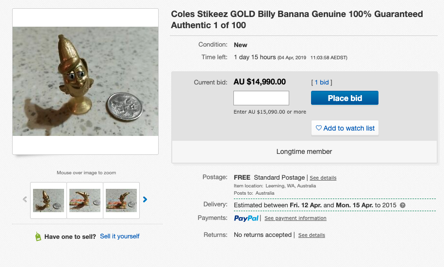 A Billy Bananas listed on eBay for almost $15,000. Source: eBay.com.au