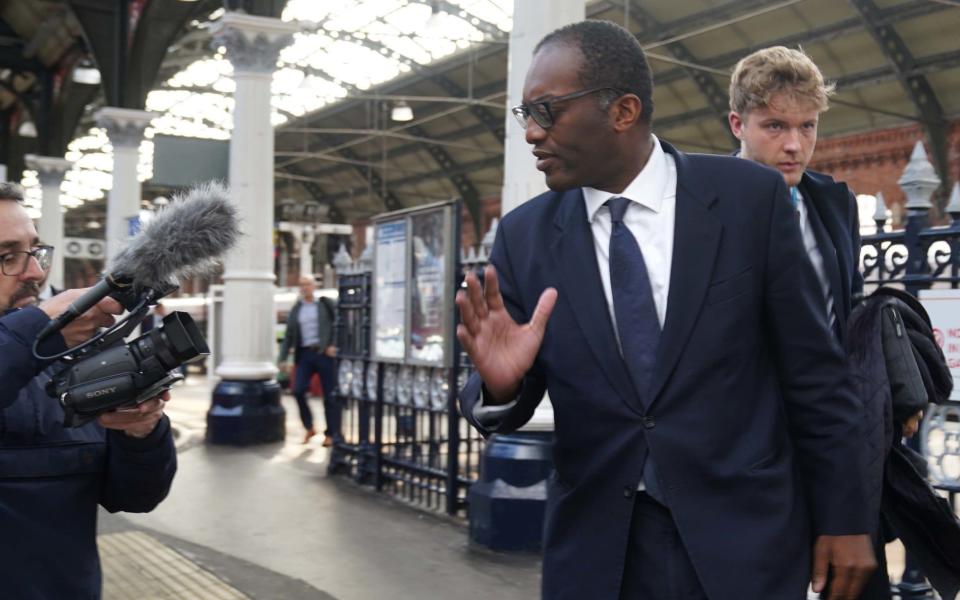 Kwasi Kwarteng, the Chancellor, is pictured as he arrived in Darlington this afternoon  - Owen Humphreys /PA