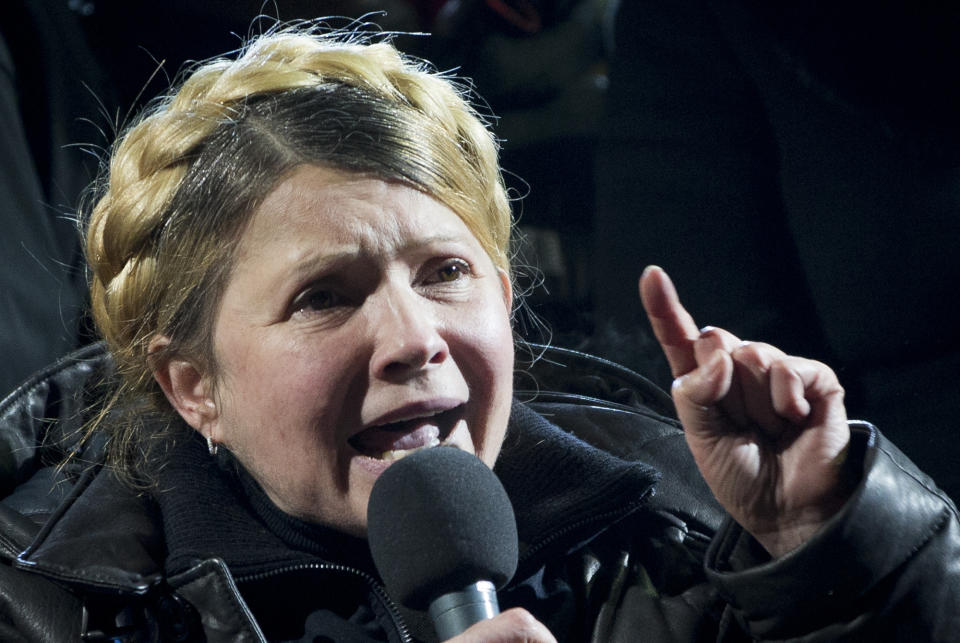 Former Ukrainian prime minister Yulia Tymoshenko addresses the crowd in central Kiev, Ukraine, Saturday, Feb. 22, 2014. Hours after being released from prison, former Ukrainian prime minister and opposition icon Yulia Tymoshenko praised the demonstrators killed in violence this week as heroes. (AP Photo/Darko Bandic)