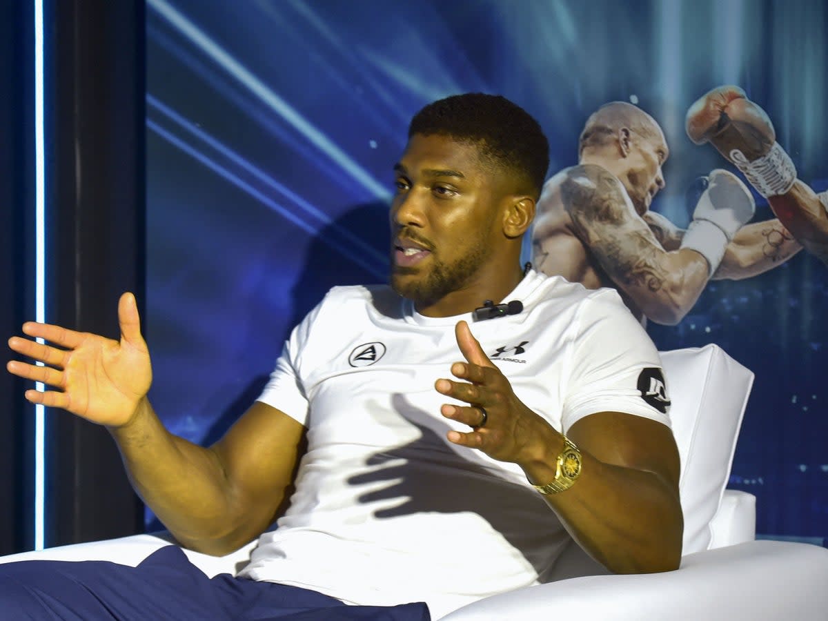 Anthony Joshua before the pre-fight press conference for his rematch with Oleksandr Usyk (AFP via Getty Images)