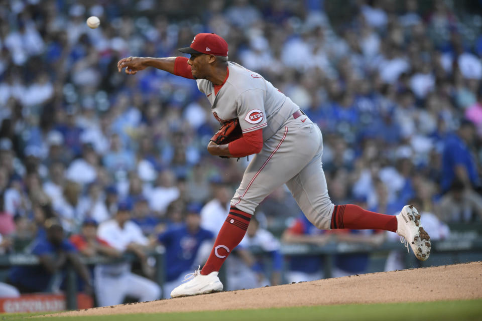 Cincinnati Reds starter Hunter Greene throws to a Chicago Cubs batter during the first inning of a baseball game Wednesday, June 29, 2022, in Chicago. (AP Photo/Paul Beaty)