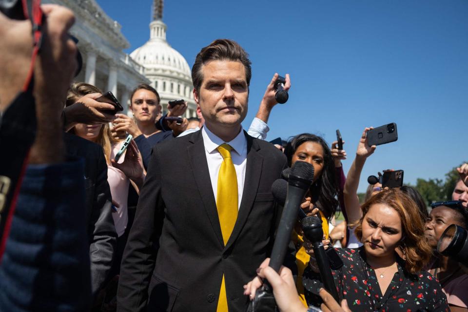 Gaetz surrounded by reporters outside the Capitol on Monday.