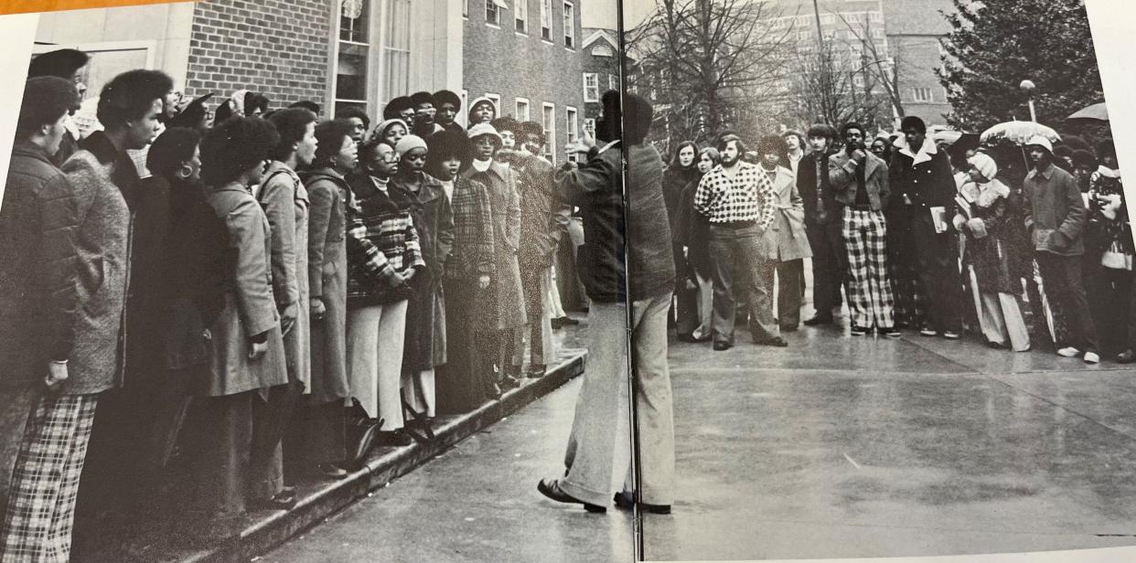 This University of Tennessee yearbook photo shows Arthur Dean directing Liberation Concert Choir during the Dr. Martin Luther King Jr. birthday celebration on the campus on Jan. 15, 1974. Although the day would not be observed as a federal holiday until 1986, Knoxville Mayor Kyle Testerman also recognized the holiday in Knoxville that year, calling the late civil rights leader “a great American in the fight for racial justice.”