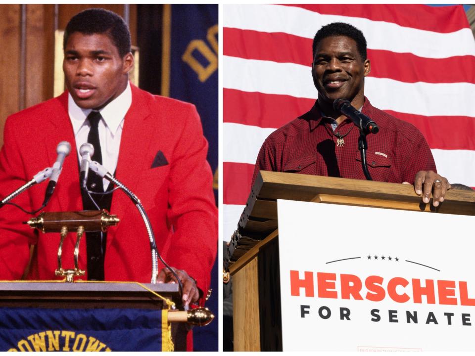 In 1982, Herschel Walker was awarded a Heisman Trophy (L) for being on the most dominant players in college football. In 2022, Walker launched a campaign to run for Senate in Georgia (R) as a Republican.