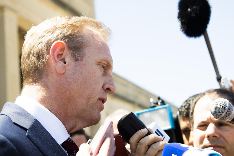 Acting Secretary of Defense Patrick Shanahan speaks about the situation in the Persian Gulf region during as he waits for the arrival of Portuguese Minister of National Defense Joao Cravinho, at the Pentagon, Friday, June 14, 2019. (AP Photo/Manuel Balce Ceneta)