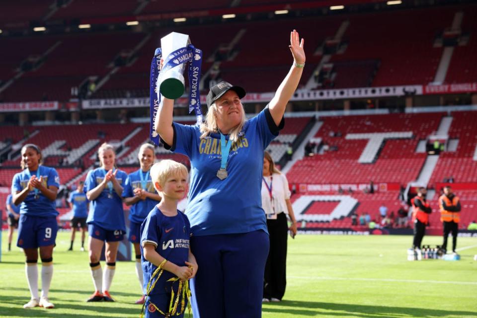 Emma Hayes celebrates a fifth WSL title in a row on the Old Trafford pitch   (The FA via Getty Images)