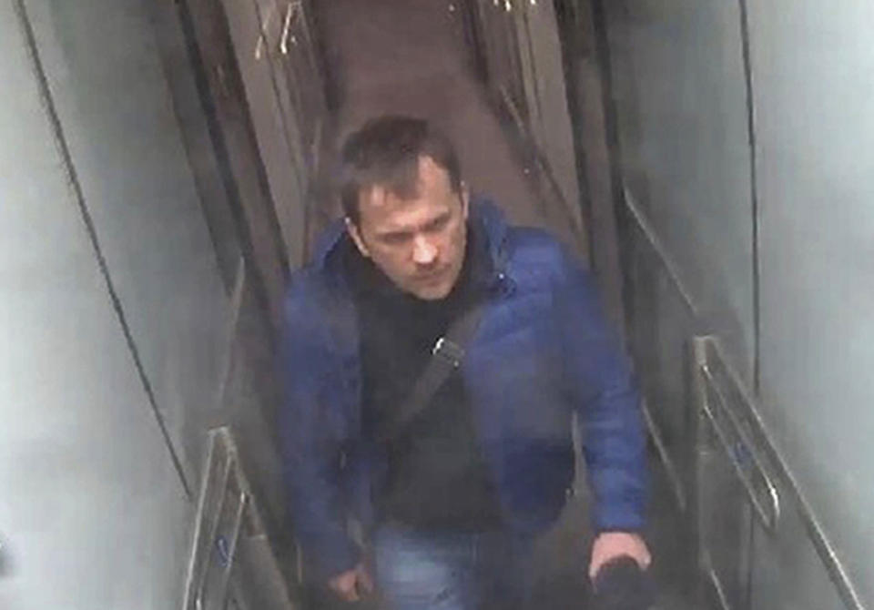 FILE - In this file still image taken from CCTV and issued by the Metropolitan Police in London on Wednesday Sept. 5, 2018, shows a man identified as Alexander Petrov at Gatwick airport, England on March 2, 2018. Investigative group Bellingcat reported Monday Oct. 8, 2018 on its website that the man British authorities identified as Alexander Petrov is actually Alexander Mishkin, a doctor working for the Russian military intelligence unit known as GRU. The other suspect in the March nerve agent attack on Sergei Skripal and his daughter in Salisbury, England, — Ruslan Boshirov. — is a decorated Russian agent named Anatoliy Chepiga, Bellingcat reported last month. (Metropolitan Police via AP, File)