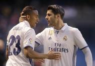 Football Soccer- Spanish La Liga Santander - Deportivo v Real Madrid - Riazor stadium, A Coruna, Spain - 26/04/17 Real Madrid's Alvaro Morata (R) celebrates his goal with team mate Danilo. REUTERS/Miguel Vidal