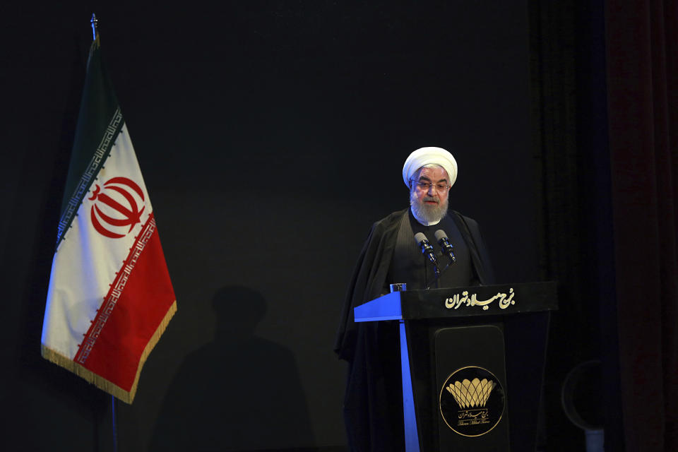 In this photo released by the official website of the Office of the Iranian Presidency, President Hassan Rouhani speaks in a meeting in Tehran, Iran, Wednesday, Dec. 4, 2019. Rouhani says Tehran hasn't closed the window on talks with the U.S. but reiterated his government's standing condition that the Trump administration lift sanctions imposed on Iran before any negotiations can take place. (Iranian Presidency Office via AP)