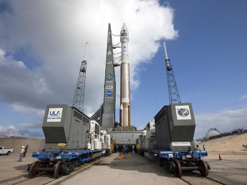 At Cape Canaveral Air Force Station's Space Launch Complex 41, the United Launch Alliance Atlas V rocket set to carry NASA's Tracking and Data Relay Satellite, TDRS-K, arrives at the launch pad after leaving the Vertical Integration Facility on Jan. 29, 2013. (NASA/ Kim Shiflett)