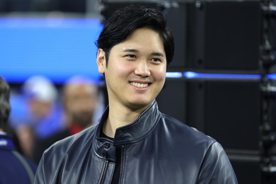 INGLEWOOD, CALIFORNIA - DECEMBER 21: Shohei Ohtani of the Los Angeles Dodgers looks on prior to the game between the New Orleans Saints and the Los Angeles Rams at SoFi Stadium on December 21, 2023 in Inglewood, California. (Photo by Sean M. Haffey/Getty Images)