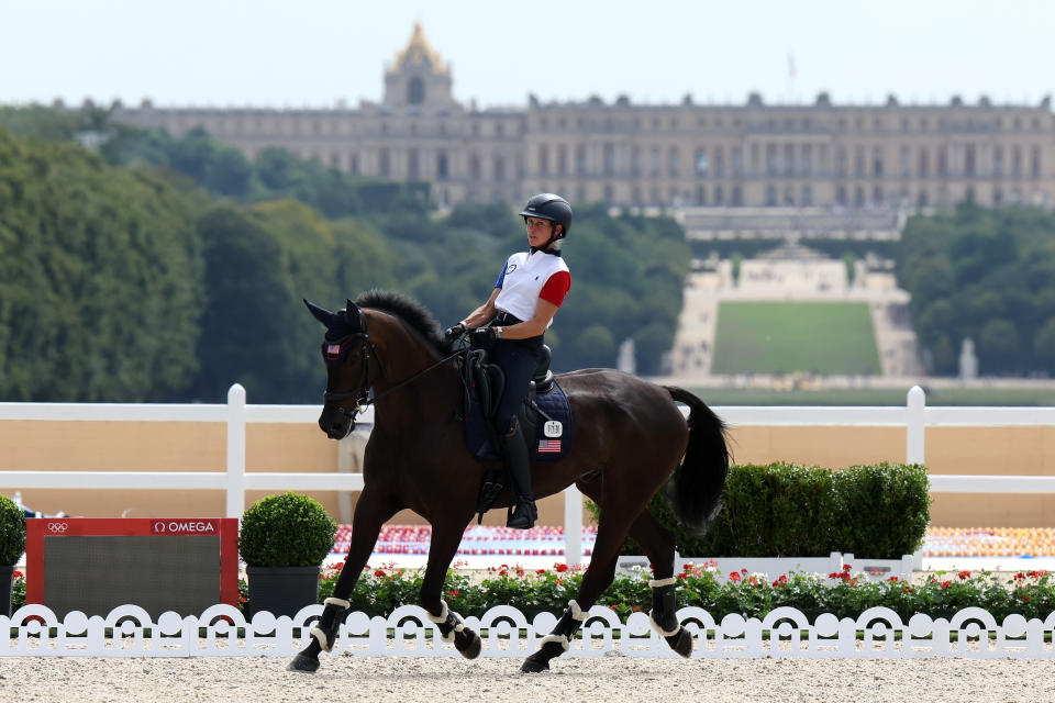 PARIS, FRANCE - JULY 25: Elizabeth Halliday of Team USA and her horse Coolie Nutcracker practice dressage during an equestrian eventing training session for the Paris 2024 Olympic Games at the Palace of Versailles, France on July 25, 2024. (Photo by Mike Hewitt/Getty Images)