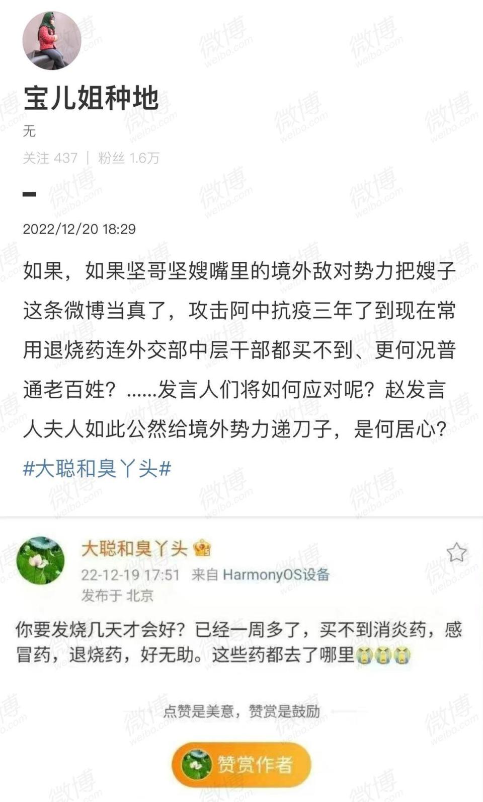 趙立堅妻子發文稱「買不到藥」很無助，遭到中國網友群嘲。（翻攝自微博）