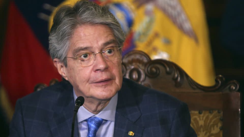 Ecuador&#39;s President Guillermo Lasso speaks during a meeting in the Carondelet Palace in Quito on November 10, 2021.  - CRISTINA VEGA RHOR/AFP/AFP via Getty Images